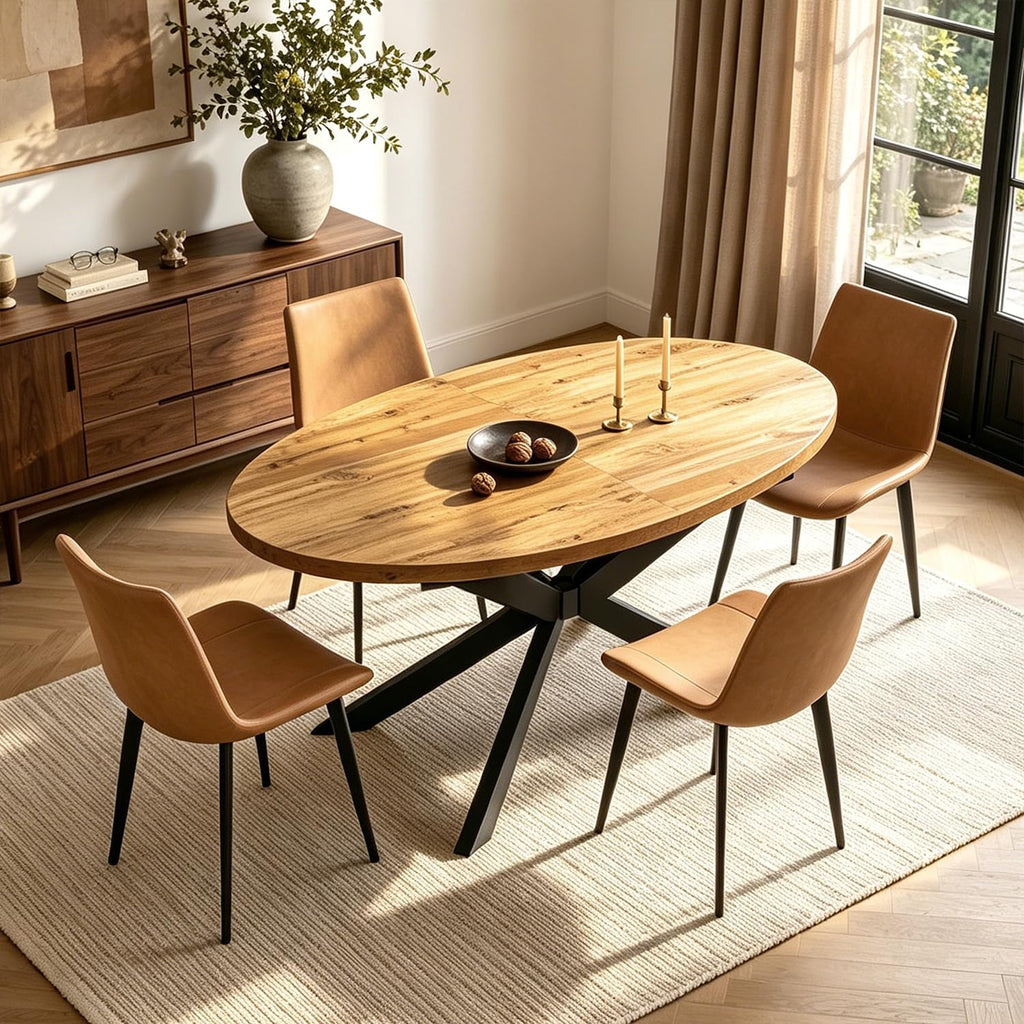 63"-78.7" Extendable Oval Dining Table Set for 4 | 5 Piece Large Round Walnut Table Set, 4 Brown PU Dining Chairs, Living Room, Kitchen, Space Saving, Mid Century Modern