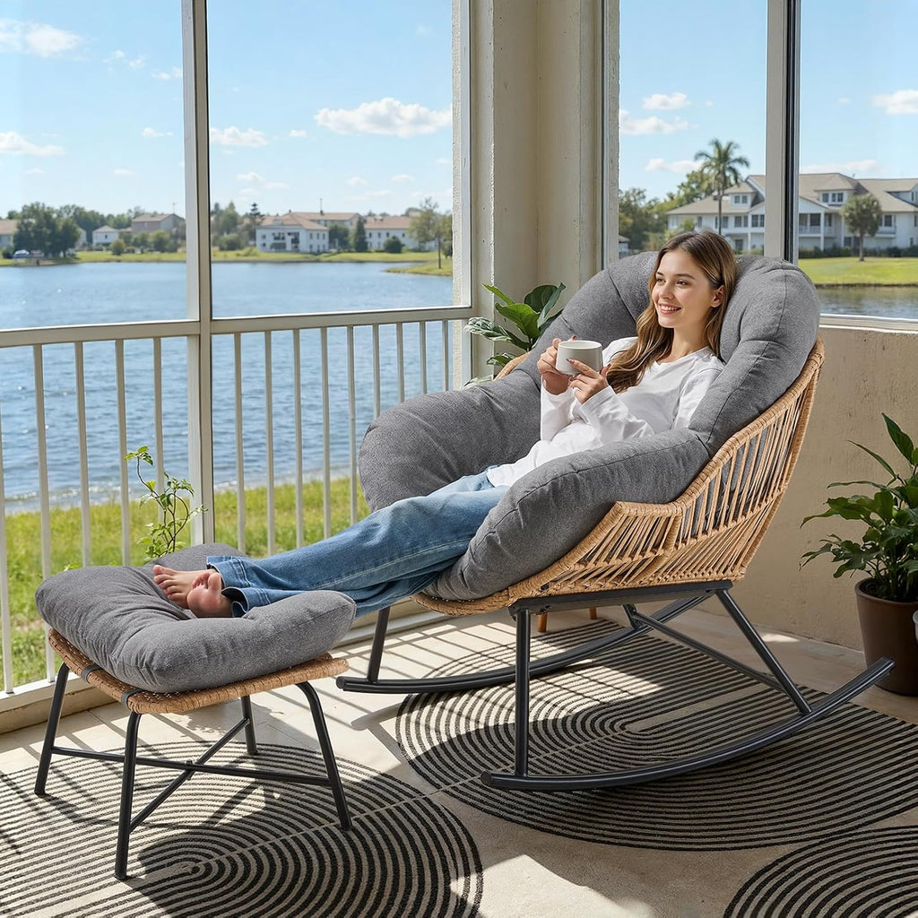 ONBRILL Papasan Rocking Chair with Ottoman,Oversized Papasan Chair with Padded Cushion, Indoor & Outdoor Rocker Chair for Living Room, Patio, Garden, Light Gray