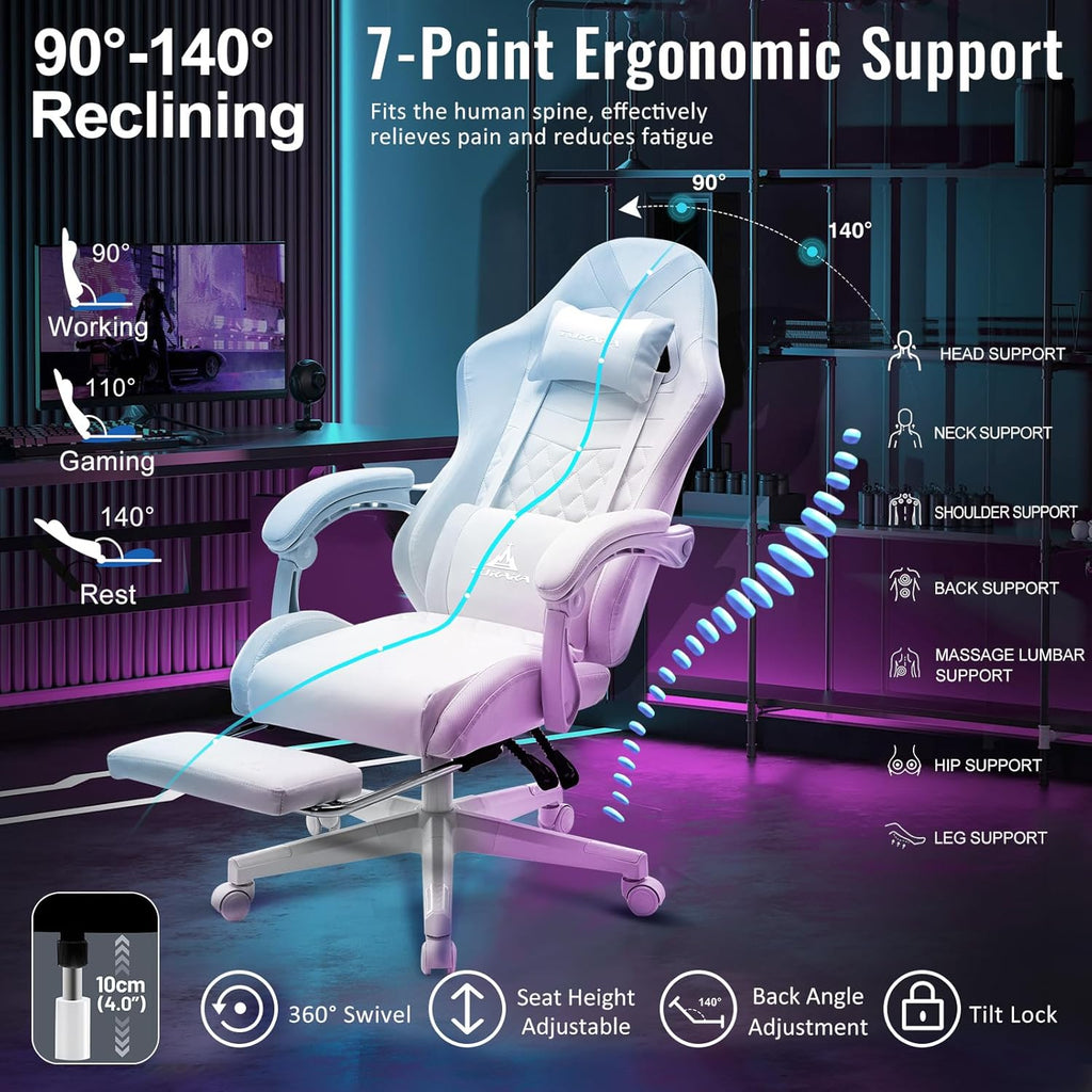 White Gaming Chair,Ergonomic Massage Office Desk Chair with Footrest | Pocket Spring Cushion,Reclining,Thick High Back,Headrest and Lumbar Support,Adjustable Leather Computer Chair Gamer Chair