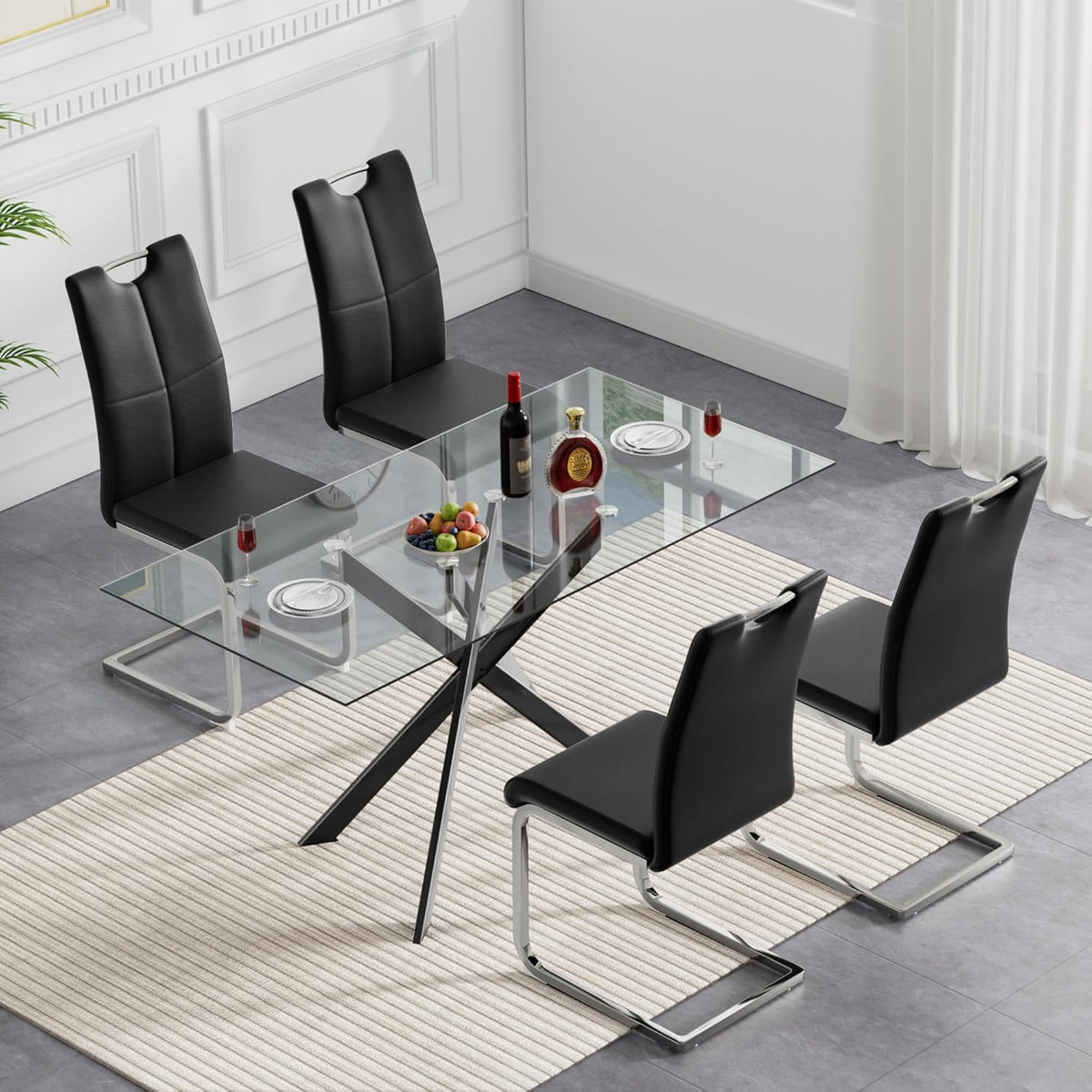 51 Inch Glass Dining Table Set for 4, Rectangular Tempered Glass Kitchen Table with Metal Base, Modern Black Dining Room Table with 4 Leather Dining Chairs for Kitchen Living Room