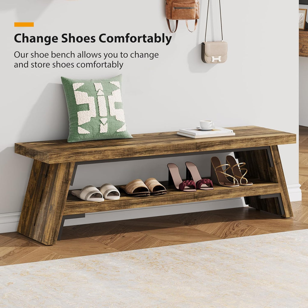 47 inch Entryway Bench, Wood Entry Bench for Shoe Storage, 2-Tier Modern Farmhouse Long Shoe Bench for Hallway, Front Door, Bedroom, Living Room, Closet, Mudroom, Rustic Brown