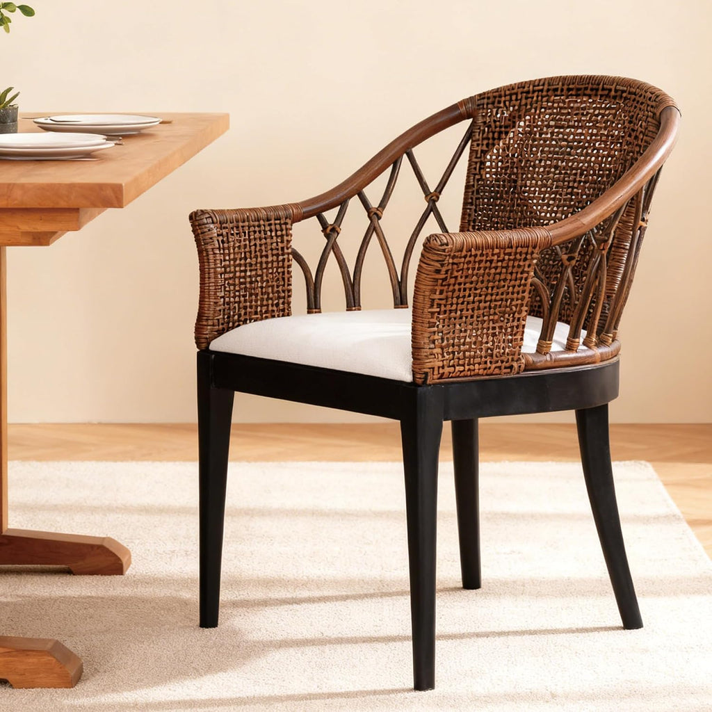 DUHOME Wood Rattan Arm Accent Chair Natural Wash/White Cushion Side Armchair Gianni Brown & Black Solid Living Room Chair for Living Room Bedroom Office Foyer Arm Chair