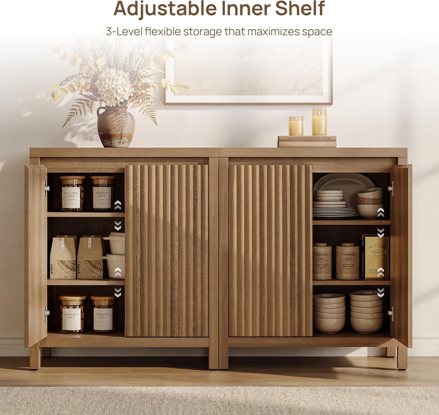 SICOTAS Sideboard Buffet Cabinet with Storage, Fluted Credenza Console Cabinet with Adjustable Shelves, Farmhouse Coffee Bar Storage Cabinets for Kitchen, Living Room, Entryway, Caramel Oak, 2 PCS