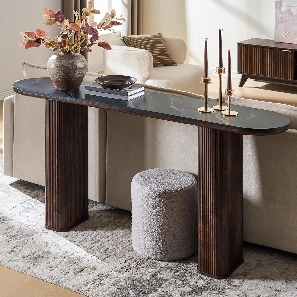 OKD 63 Inch Modern Console Table with Arc Faux Marble Texture Top, Fluted Wood Base, Contemporary Entryway Sofa Table for Living Room, Hallway, Foyer, Dark Walnut