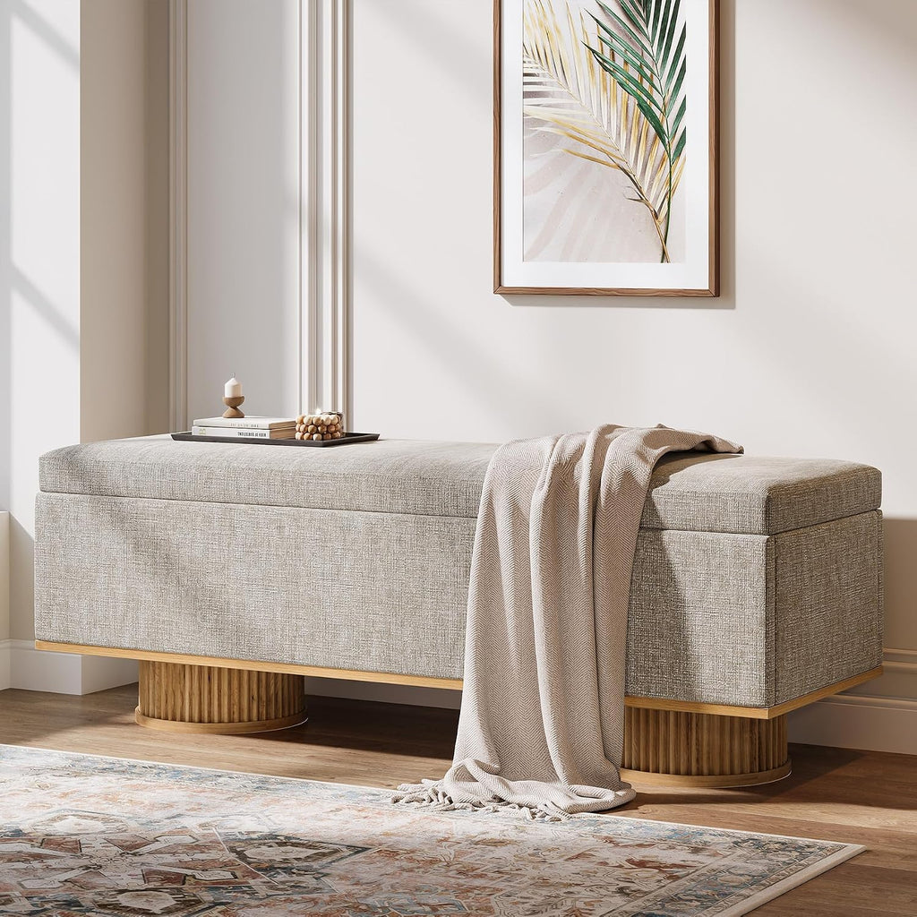 Tribesigns 50.39" Storage Bench with Padded Seat Cushion, Upholstered Shoe Bench with Flip Up Storage for Bedroom, Living Room, Entryway, Load up to 330 lb, Beige + Wood Color