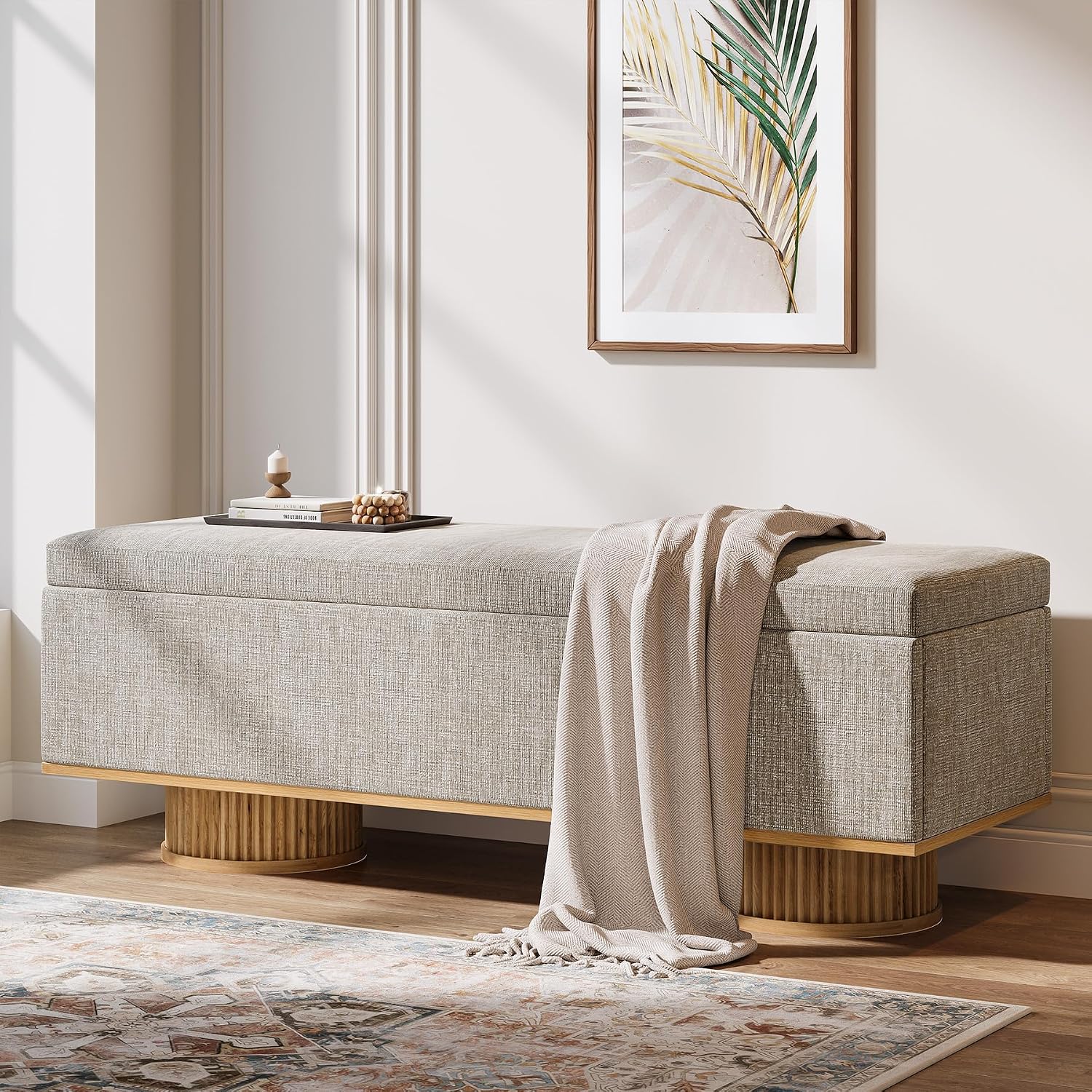 Tribesigns 50.39" Storage Bench with Padded Seat Cushion, Upholstered Shoe Bench with Flip Up Storage for Bedroom, Living Room, Entryway, Load up to 330 lb, Beige + Wood Color