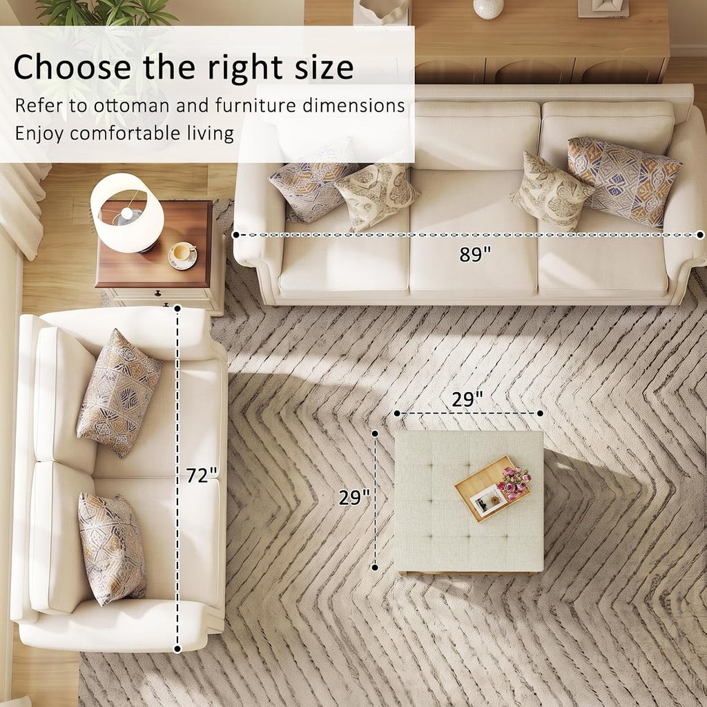 Befurtori Large Square Ottoman Coffee Table, Linen Solid Upholstered Footrest Ottoman with Solid Wood Shelf Storage Tufted Coffee Table for Bedroom Living Room, Ivory