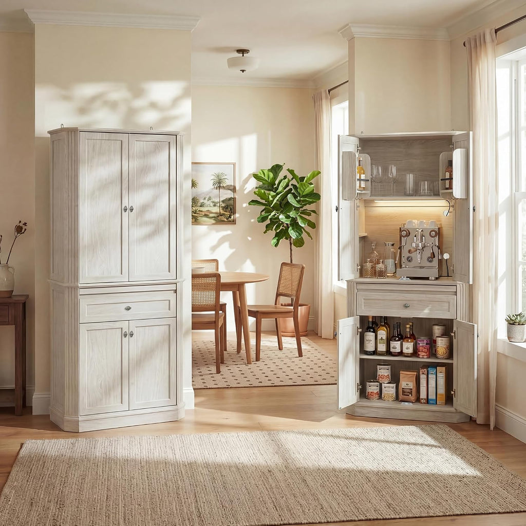 72.2" Tall Kitchen Pantry Cabinet with Doors, Farmhouse Storage Cabinet with Charging Station & LED Light, Drawer, Adjustable Shelves and Pull-Out Shelves, White Wood Pantry Cupboard for Dining Room