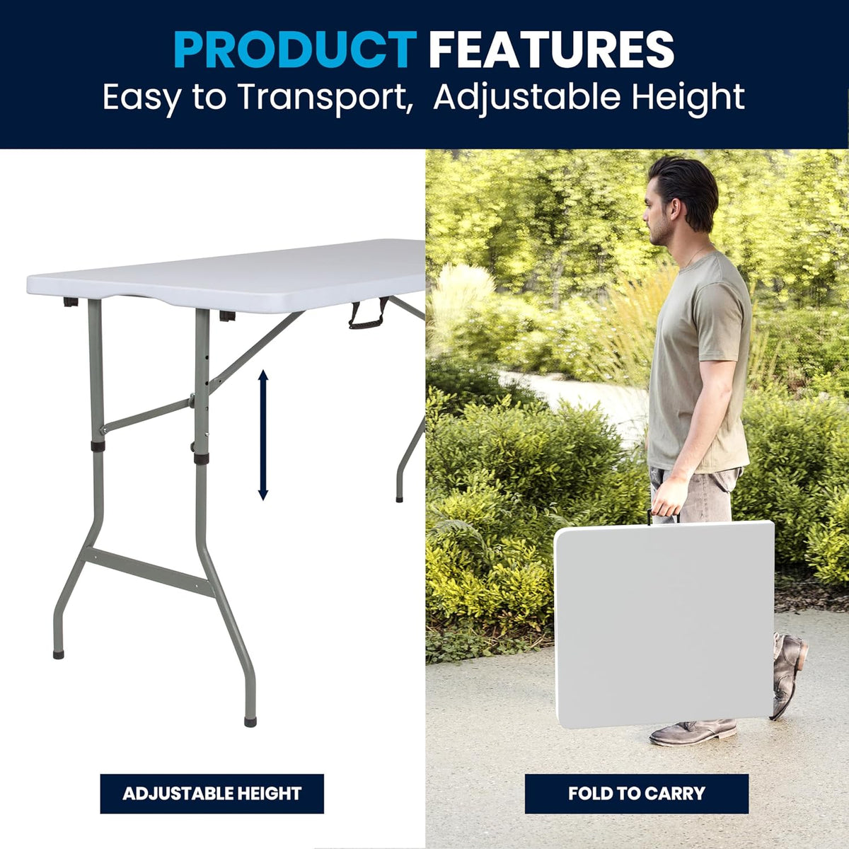 Flash Furniture 5 ft Plastic Bi-Fold Table, Granite White | Height Adjustable, Carrying Handle, Durable Construction, Commercial Use