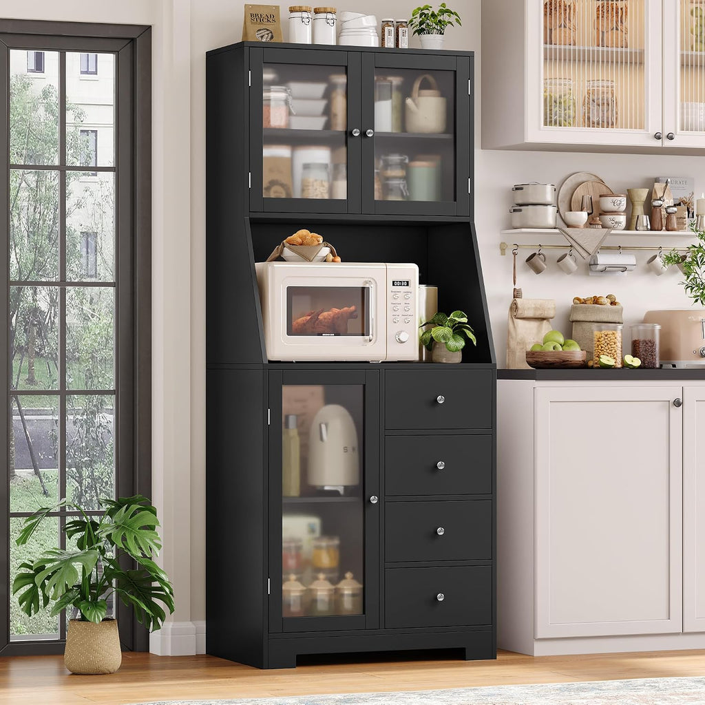 BOTLOG 64'' Kitchen Pantry Storage Cabinet, Tall Kitchen Storage Cabinet with Microwave Stand, Hutch Cabinet with Adjustable Shelves, for Dining Room, Black | Save Space, Frosted Glass Door, Hutch Cabinet with Adjustable Shelves, for Dining Room (Black)