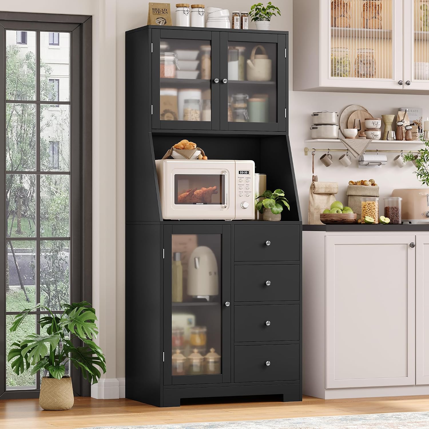 BOTLOG 64'' Kitchen Pantry Storage Cabinet, Tall Kitchen Storage Cabinet with Microwave Stand, Hutch Cabinet with Adjustable Shelves, for Dining Room, Black | Save Space, Frosted Glass Door, Hutch Cabinet with Adjustable Shelves, for Dining Room (Black)