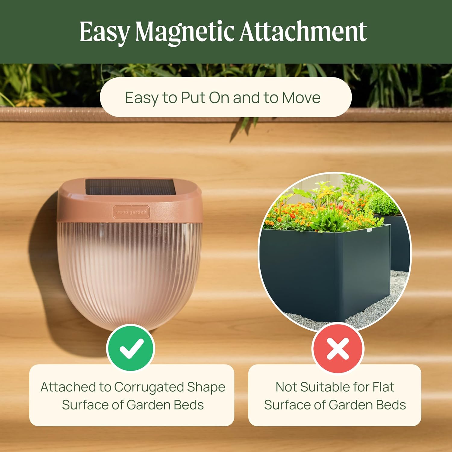 Vego garden Rippled Solar Garden Lights with Auto Sensors Magnetize Securely to Raised Beds, IPX4 Waterproof Outdoor LED Light for Patio & Yard Olive Green, 2 Pack