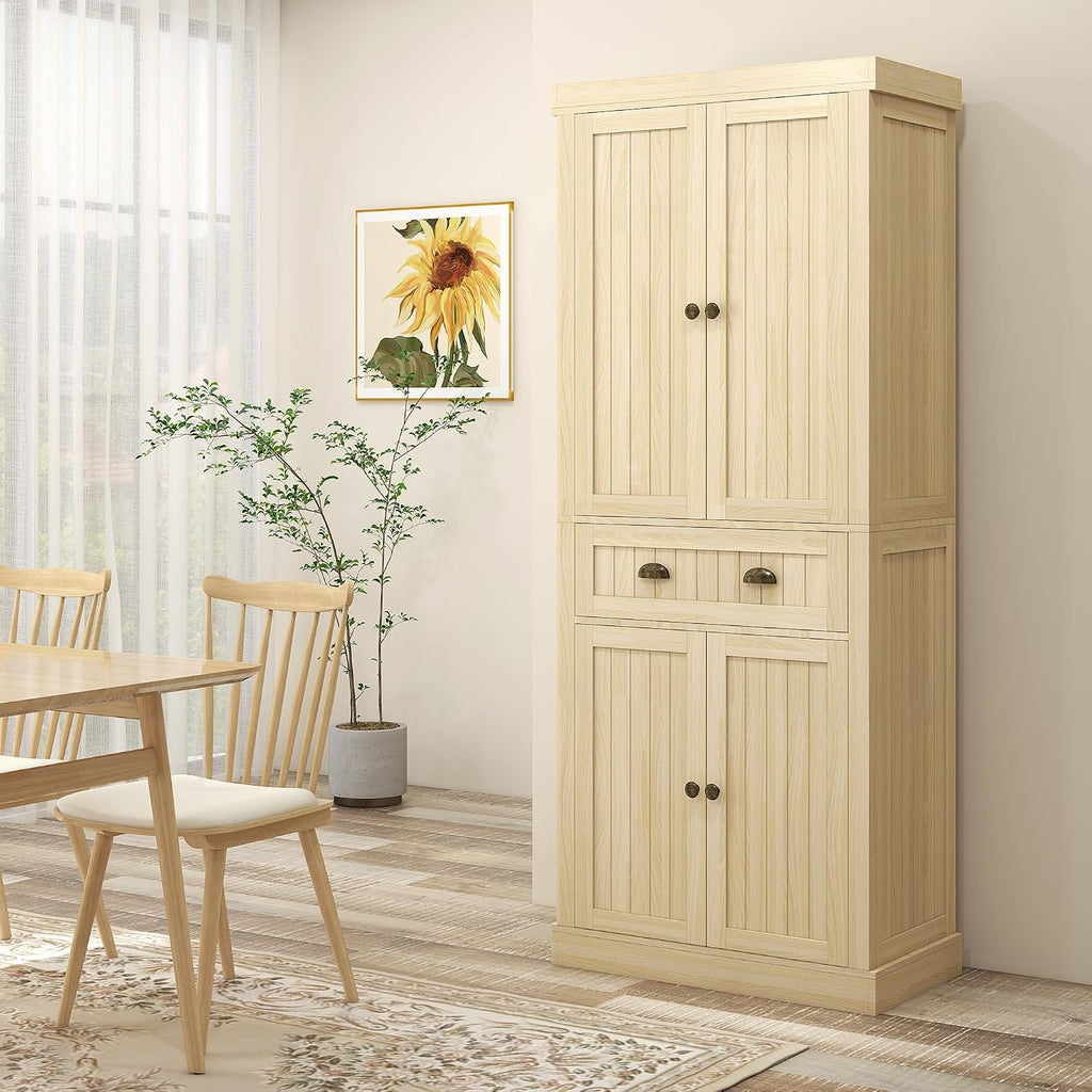 72" Farmhouse Kitchen Pantry Cabinet, Freestanding Tall Storage Cabinet with 4 Soft-Close Doors, 2 Adjustable Shelves and Drawer for Dining Room, Natural Wood