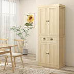 72" Farmhouse Kitchen Pantry Cabinet, Freestanding Tall Storage Cabinet with 4 Soft-Close Doors, 2 Adjustable Shelves and Drawer for Dining Room, Natural Wood