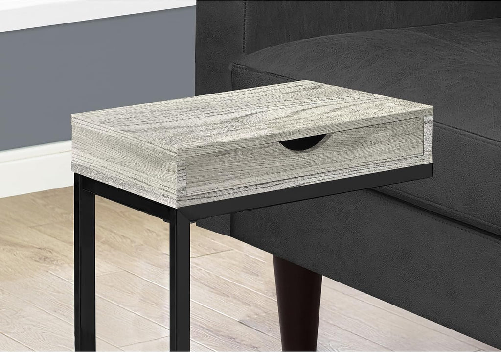 Accent Table, C-Shaped, End, Side, Snack, Storage Drawer, Living Room, Bedroom, Grey Laminate, Black Metal, Contemporary, Modern