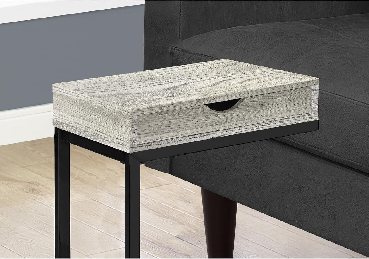 Accent Table, C-Shaped, End, Side, Snack, Storage Drawer, Living Room, Bedroom, Grey Laminate, Black Metal, Contemporary, Modern