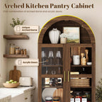 Pamapic Arched Kitchen Pantry Cabinet, 71" Tall Arched Cabinet with Acrylic Doors, Farmhouse Kitchen Storage Cabinet with 2 Large Drawers, Wooden Pantry for Dining Room, Living Room (Brown)