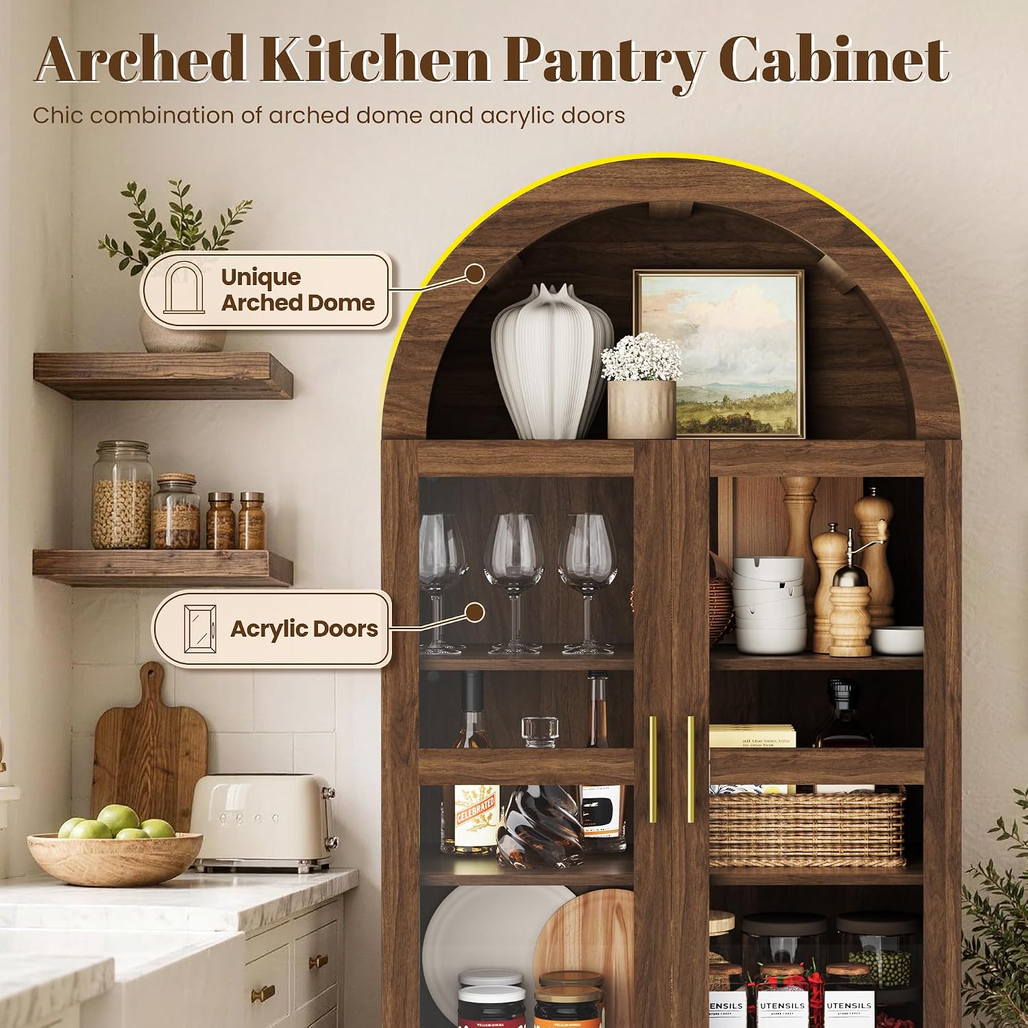 Pamapic Arched Kitchen Pantry Cabinet, 71" Tall Arched Cabinet with Acrylic Doors, Farmhouse Kitchen Storage Cabinet with 2 Large Drawers, Wooden Pantry for Dining Room, Living Room (Brown)