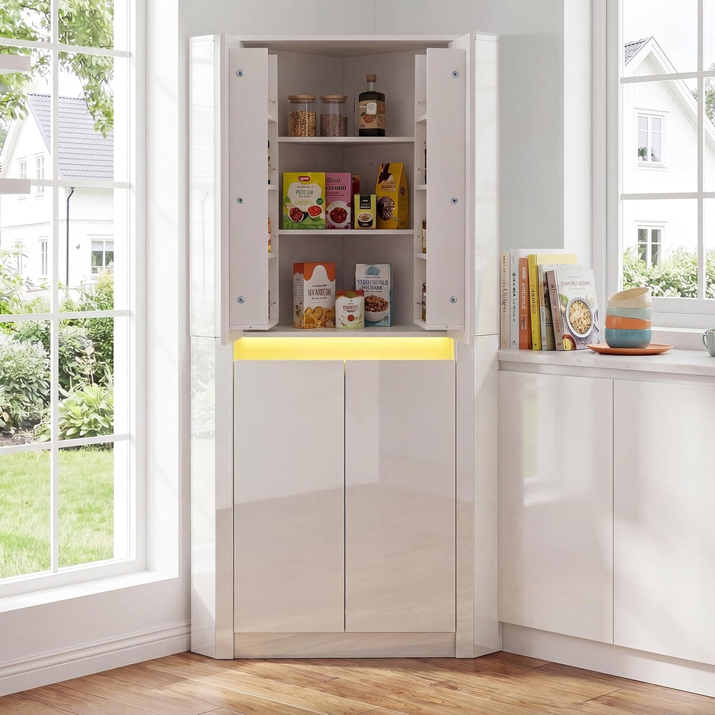 Anbuy 67'' Tall Pantry Cabinet with Led Light, Corner Pantry Cabinet with 4 High Gloss Doors and Adjustable Shelves, Space Saving Storage Cabinet for Food Hutch for Kitchen, Living Dining Room (White)