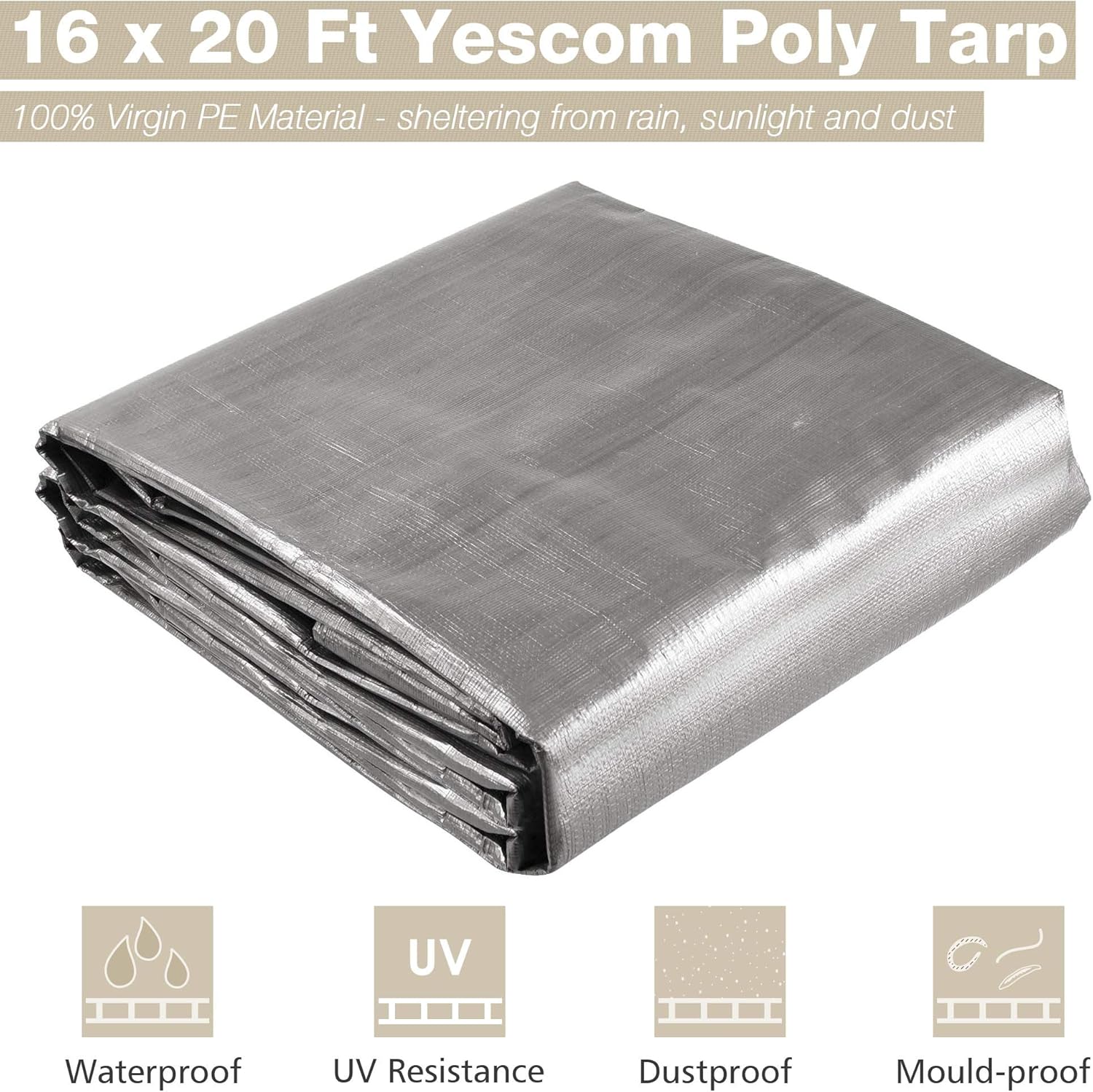 Yescom 16x20Ft 14 Mil Heavy Duty Reinforced Poly Tarp Reversible Waterproof Tarpaulin Ground Sheet Cover Reversible Silver Black Tarps