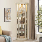 69" H Lighted Corner Display Cabinet, Curio Corner Glass Cabinet w/Adjustable Shelves & Glass Door, 5-Tier Wooden Storage Display Case w/Mirrored Back Pane for Living Room (Antique White)