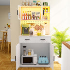 Gurexl 64" Farmhouse Kitchen Pantry with Auto Sensor LED,Storage Cabinets with 2 Outlets for Microwave & USB-C Ports,Hutch Cabinet with Pegboard,2 Cabinet,2 Drawers,1 Large Countertop
