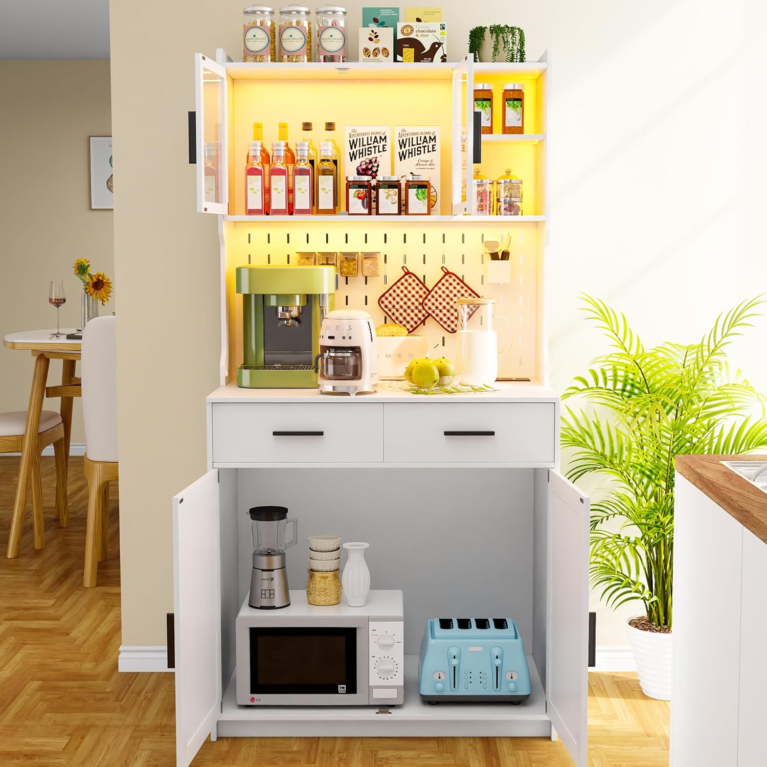 Gurexl 64" Farmhouse Kitchen Pantry with Auto Sensor LED,Storage Cabinets with 2 Outlets for Microwave & USB-C Ports,Hutch Cabinet with Pegboard,2 Cabinet,2 Drawers,1 Large Countertop