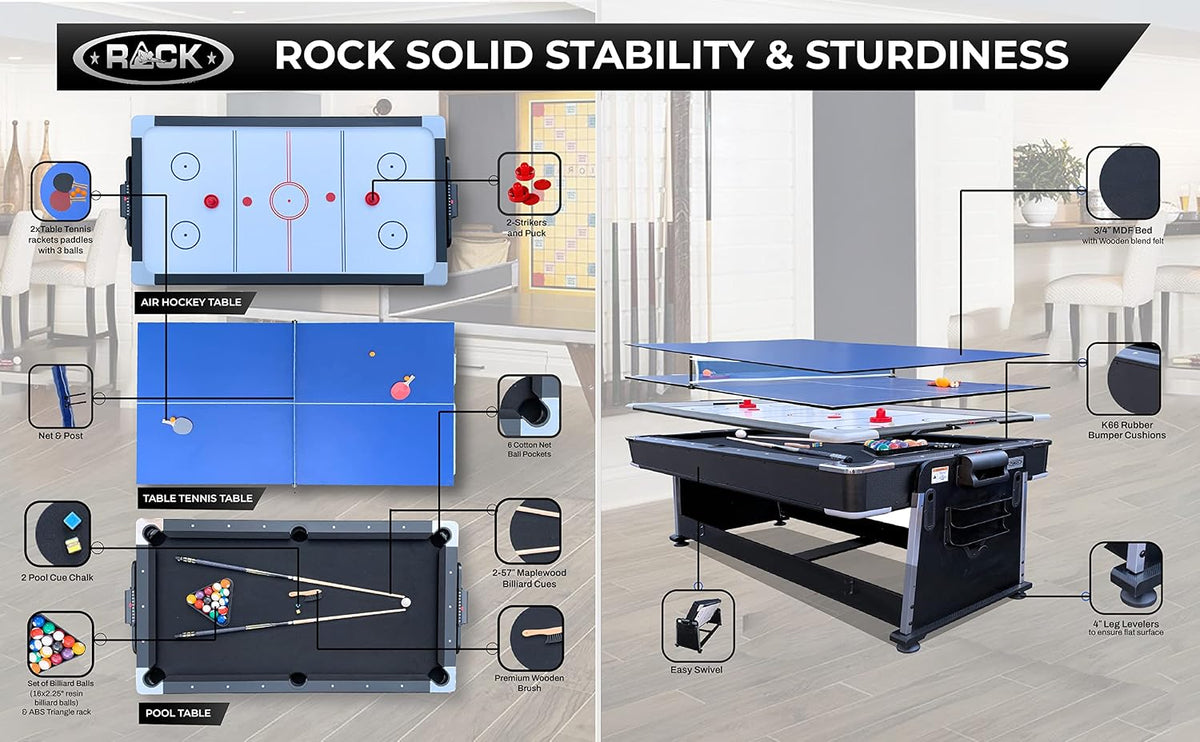 RACK Triad 7-Foot 3-in-1 Multi-Game Swivel Table - Billiards/Pool, Table Tennis & Air Hockey