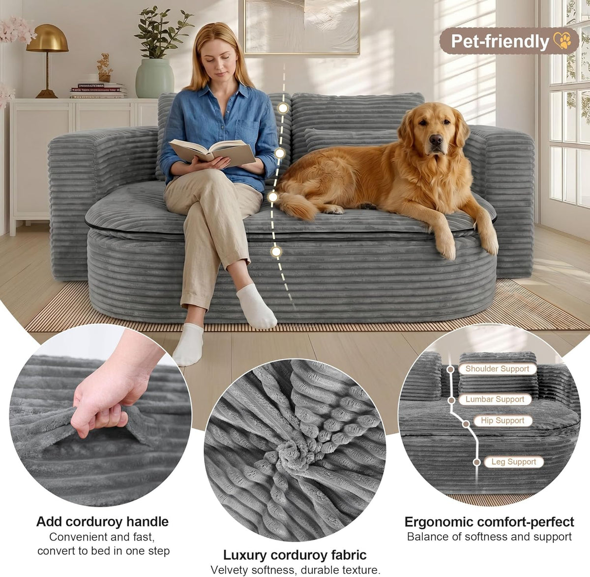 75'' Folding Sleeper Sofa Bed, Memory Foam Fold Out Couch, Foldable Full Size Guest Bed Mattress, Modern 2-in-1 Floor Deep Seat Sleeper Sofa with 4 Pillows and Blanket (Corduroy, Gray)