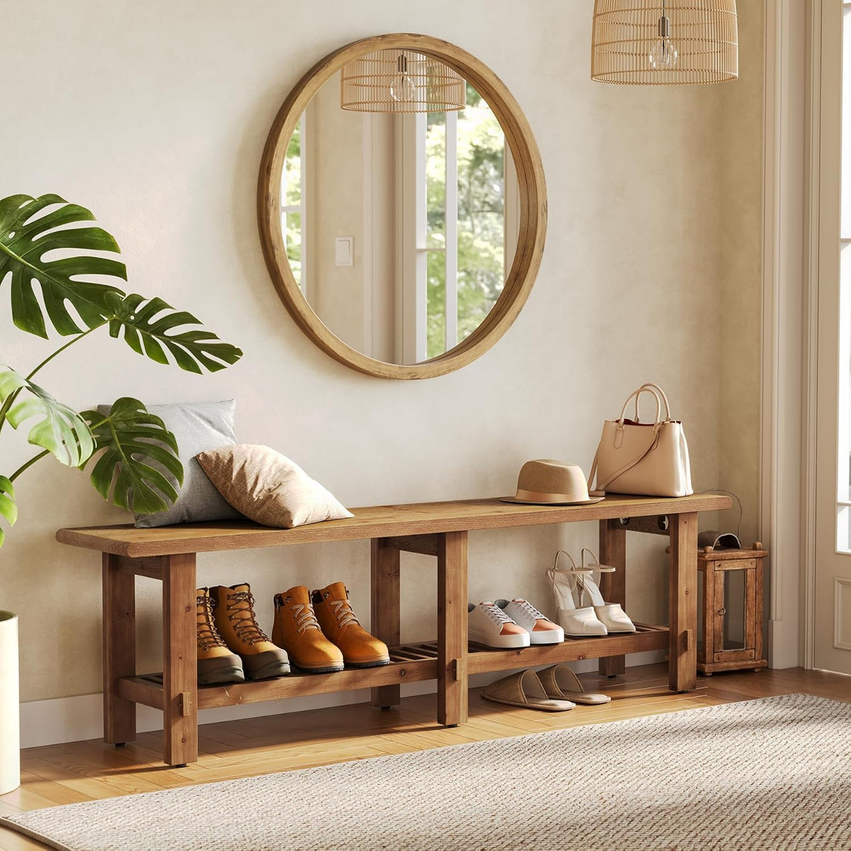LITTLE TREE Solid Wood Entryway Shoe Bench, 63" Farmhouse Narrow End of Bed Bench with Storage Rack for Bedroom, Living Room, Entry Way, Front Door, Window, Hallway, Rustic Brown