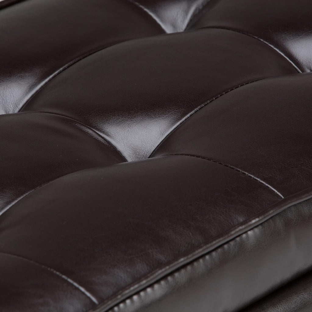 SIMPLIHOME Cosmopolitan 44" Wide Vegan Leather Storage Ottoman in Brown | Tanners brown, transitional storage ottoman bench with tufted lift-top and open shelf; rectangle footstool or footrest.