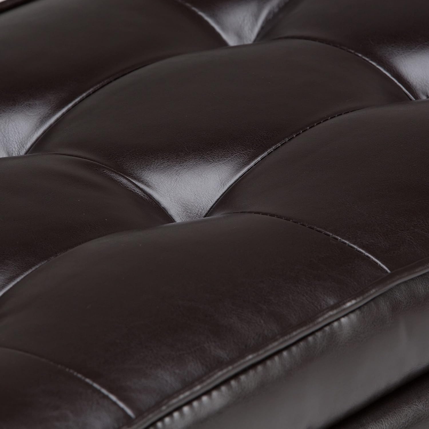 SIMPLIHOME Cosmopolitan 44" Wide Vegan Leather Storage Ottoman in Brown | Tanners brown, transitional storage ottoman bench with tufted lift-top and open shelf; rectangle footstool or footrest.