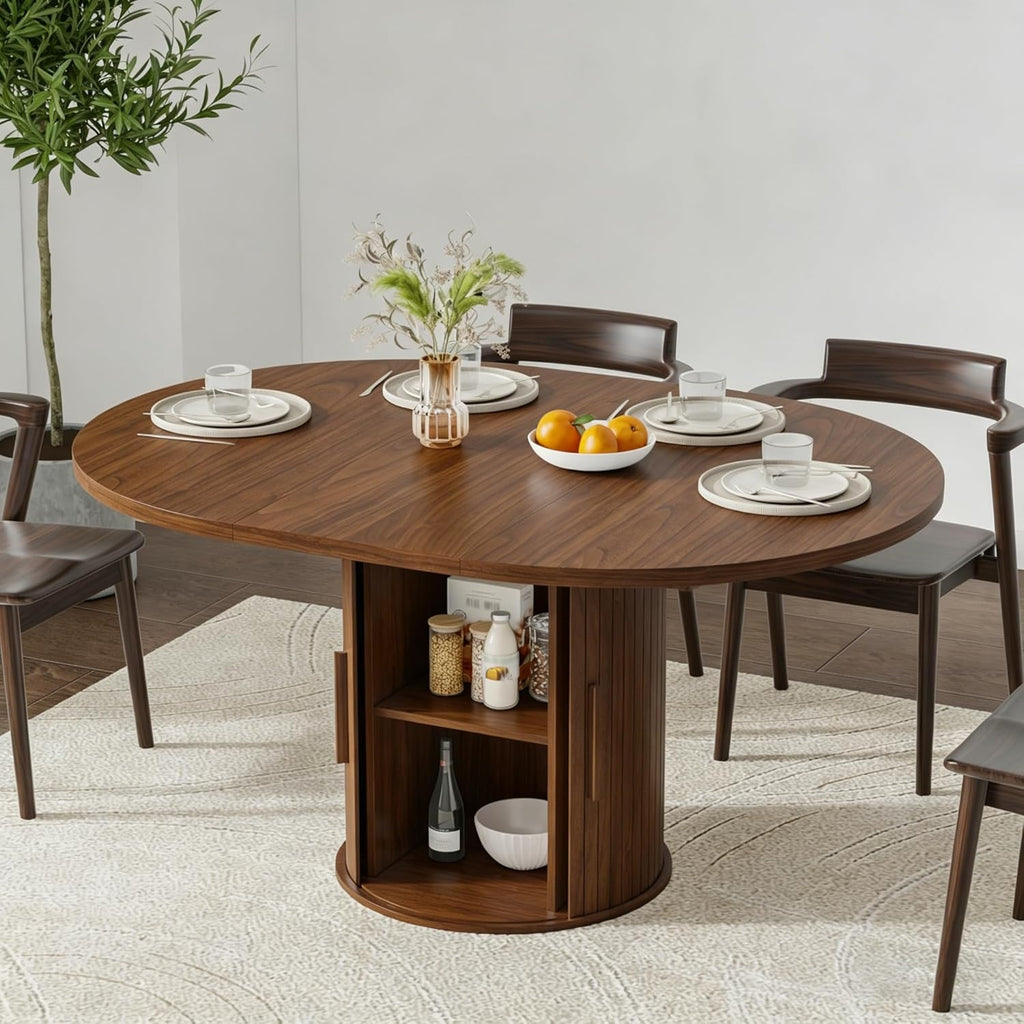 43"-59" Extendable Dining Room Table for 4-8, Round Expandable Kitchen Table with Fluted Sliding Door Cabinet, Modern Farmhouse Oval Dinner Tables for Dining Room Kitchen Living Room,Walnut
