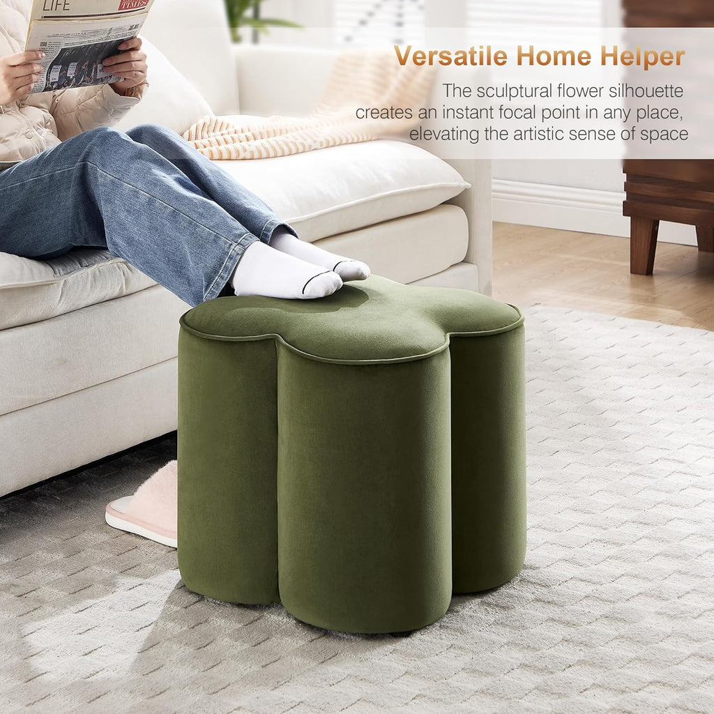 Zesthouse Flower Pouf Ottomans Foot Rest Set of 2, Velvet Fabric Poofy Ottomans Footstool for Sofa Couch, Modern Living Room Stool Seats for Hallway, Cute Square Vanity Stools for Bedroom Dorm, Green