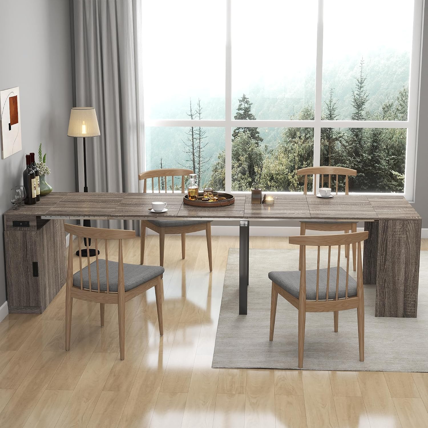 Extendable Dining Table with Built-in Power Outlet, 118” Expandable Dining Table for 11, Storage Cabinet Console Table, Modern Dining Room Furniture Gray