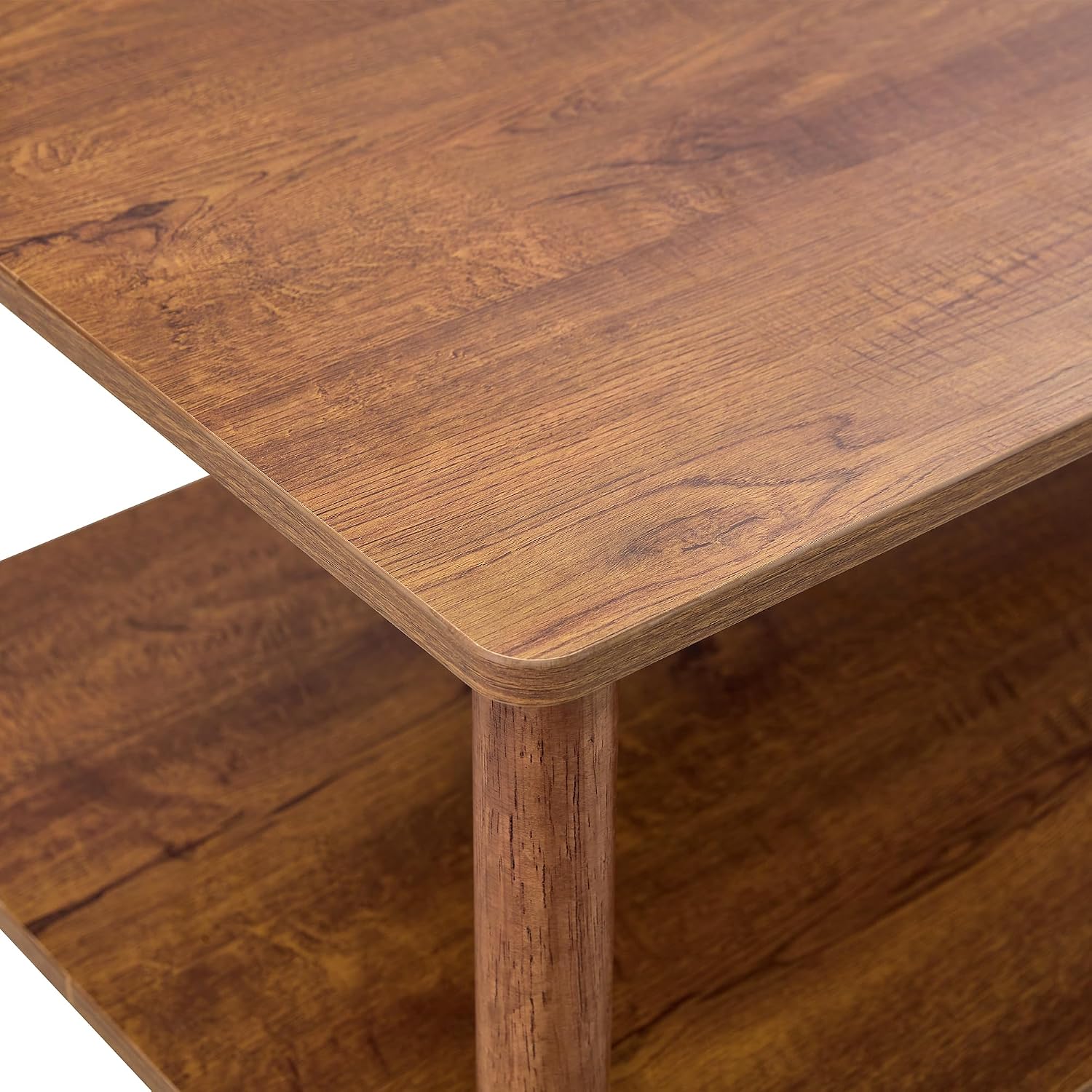 Modern Double-Layer Living Room Coffee Table, Rectangular Center Table with Open Storage Rack, Circular Rubber Wooden Leg Coffee Table, Stable and Durable, Easy to Assemble (Walnut + MDF)