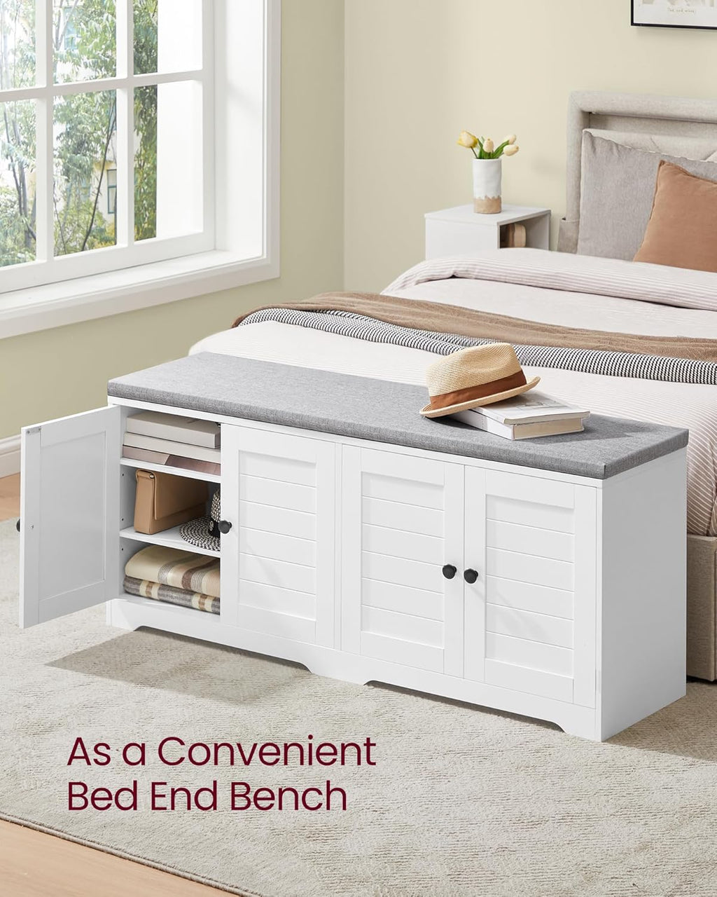 VASAGLE Shoe Storage Bench with Cushion, 3-Tier Entryway Bench with Padded Seat, Doors, Adjustable Shelves, 14 x 47.6 x 20.7 Inches, for Hallway, Bedroom, Cloud White and Dove Gray ULSB048WB01