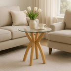 Round Glass End Table, Small Sofa Side Table for Living Room, Bedroom. Stylish Wood Legs with 20” Tempered Glass Top. Nature Oak