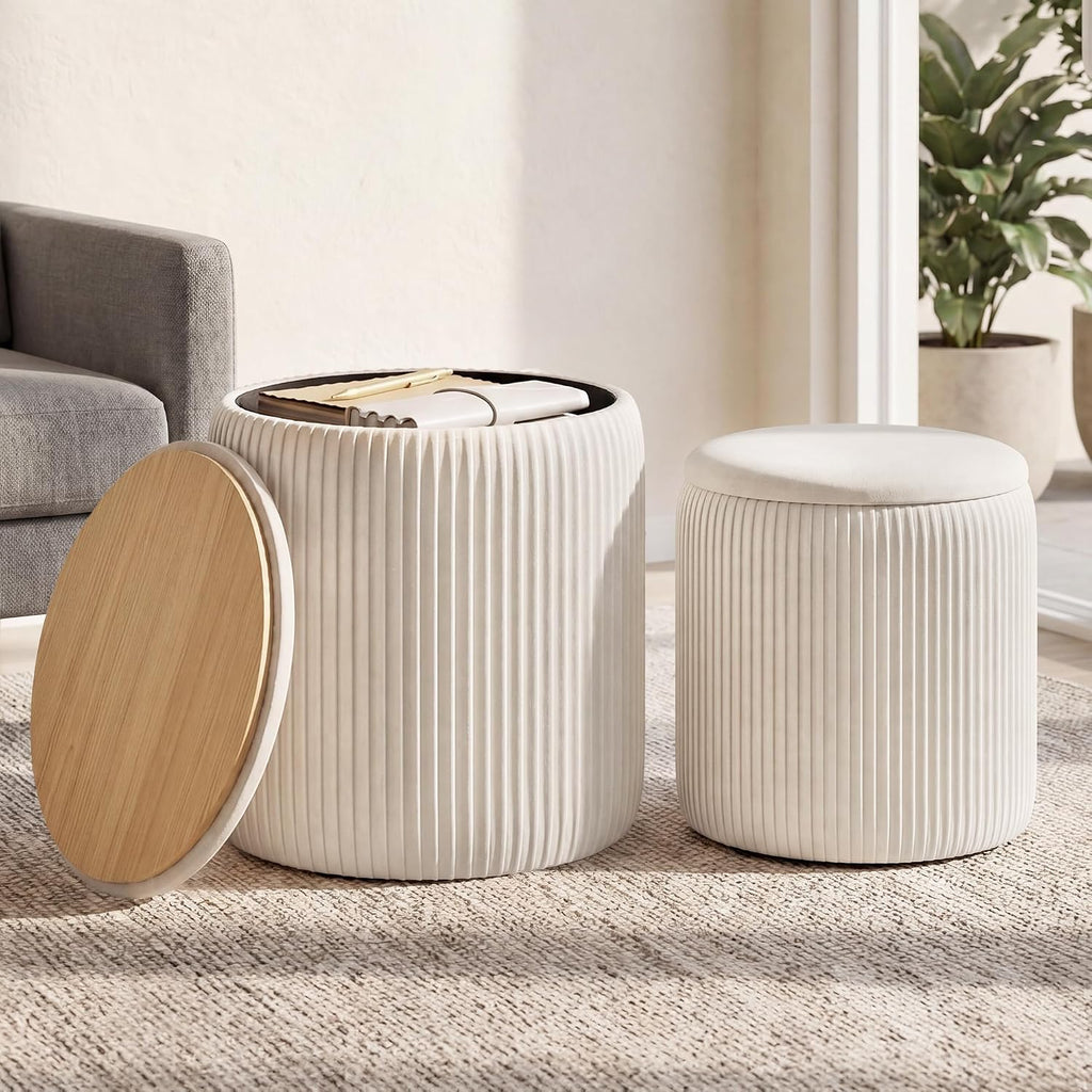 SONGMICS Vanity Stool, Set of 2, Round Storage Ottoman, Velvet | Small Coffee Table, Removable Lid, Easy Assembly, for Living Room, Bedroom, Cream White, ISLAND Collection ULOM017WD01