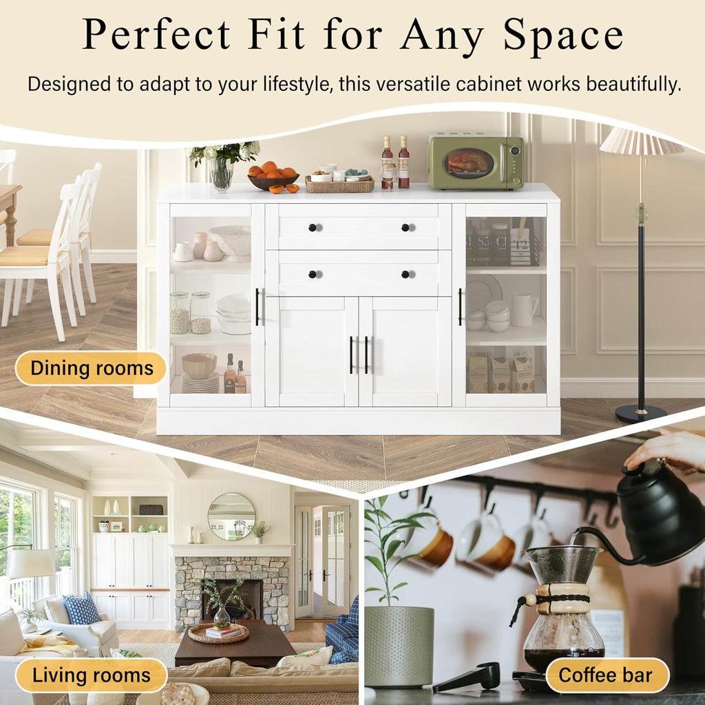 58.3" Modern Buffet Sideboard with 4 Doors & 2 Drawers, Modern Buffet Cabinet with Storage Adjustable Shelves, Power Outlet, Acrylic Panels, Storage for Dining Room, Living Room and Kitchen (White)