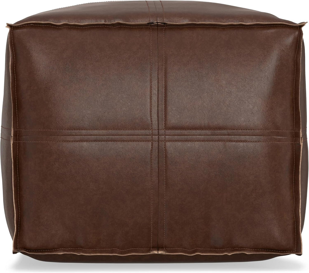 SIMPLIHOME Brody 18" Wide Square Pouf in Distressed Dark Brown Faux Leather | Boho footstool, coffee table and extra seating for living room or bedroom with assembled design, assembled; pouf ottoman.