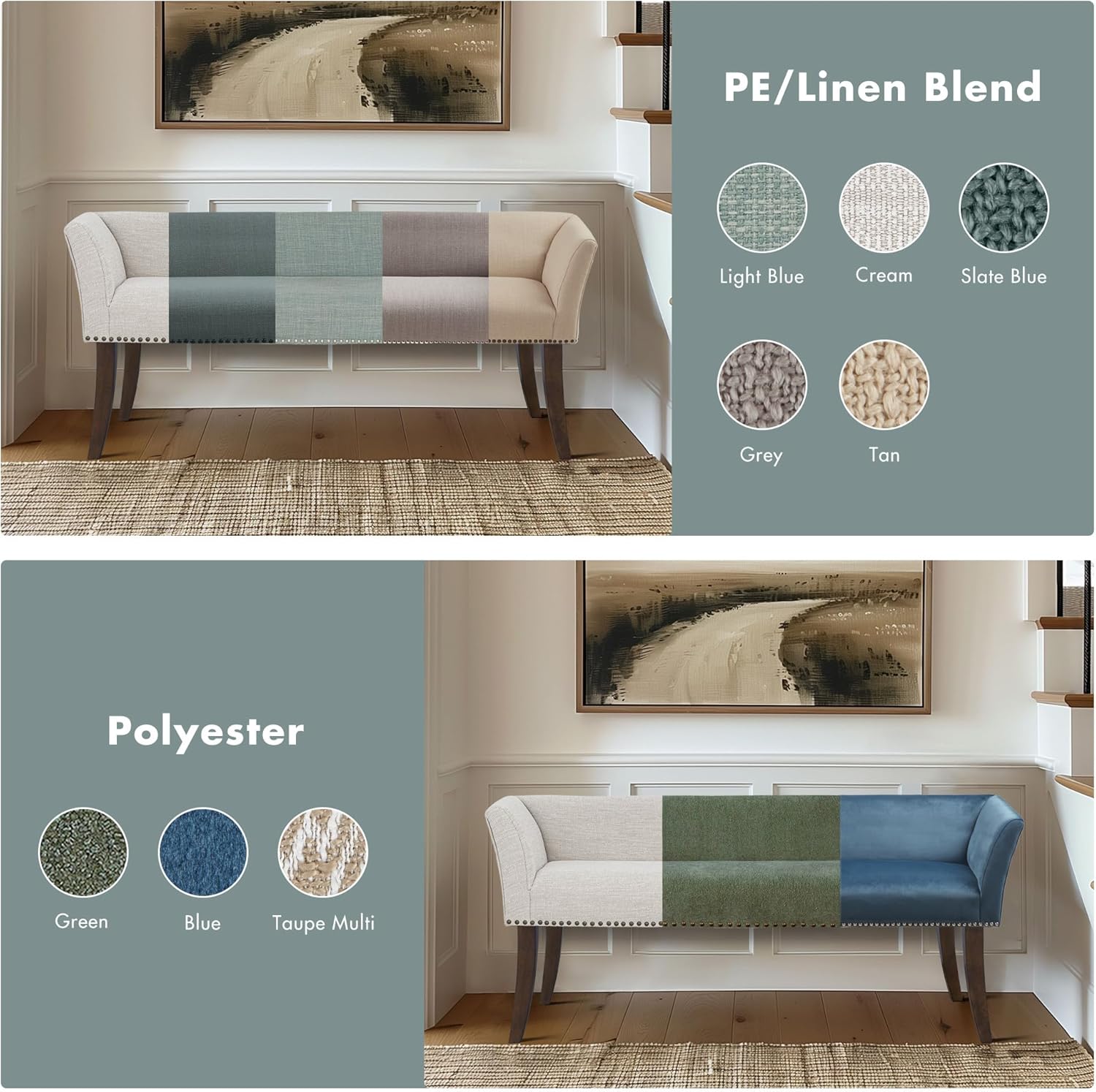 Madison Park Accent Bench for Living Room, Upholstered with Nailhead Trim, & Padded Seat Entryway Bench Small, End of Bed Bench with Back, 49.5" W x 19.25" D x 23" H, Light Blue