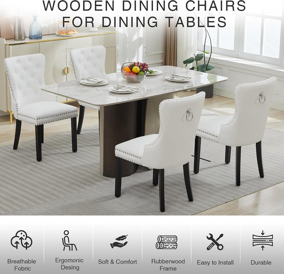 PU Leather Dining Chairs Set of 4, Upholstered Dining Room Chairs with Solid Wood Legs & Back Ring Pull Trim Ring, Modern Dining Chairs Perfect for Dining Room,Living Room,Kitchen, White