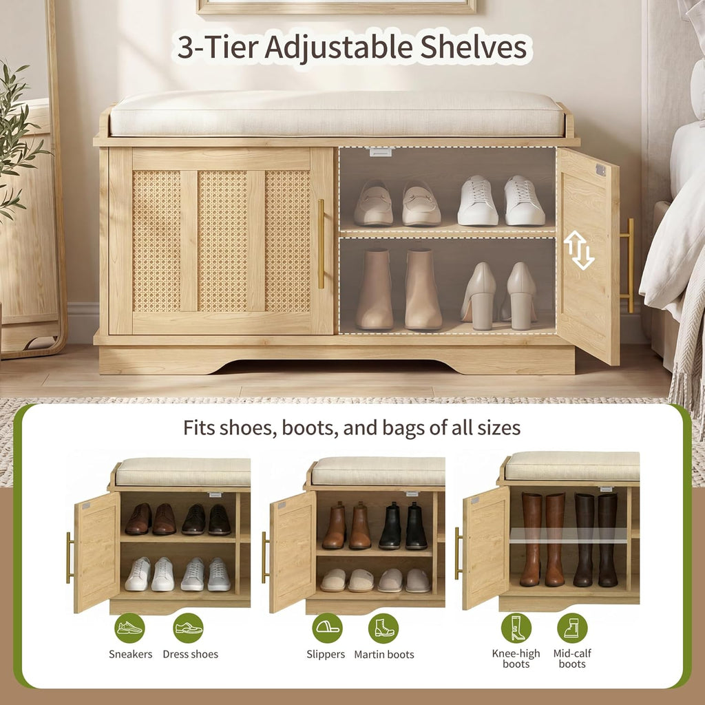 Heybly Shoe Cabinet with Bench, Rattan Entryway Storage Bench with Cushion, Shoe Storage Bench Cabinet with 2 Doors, Adjustable Shelves, Wooden Shoe Bench 31.5" for Living Room Bedroom Hallway HSB001N