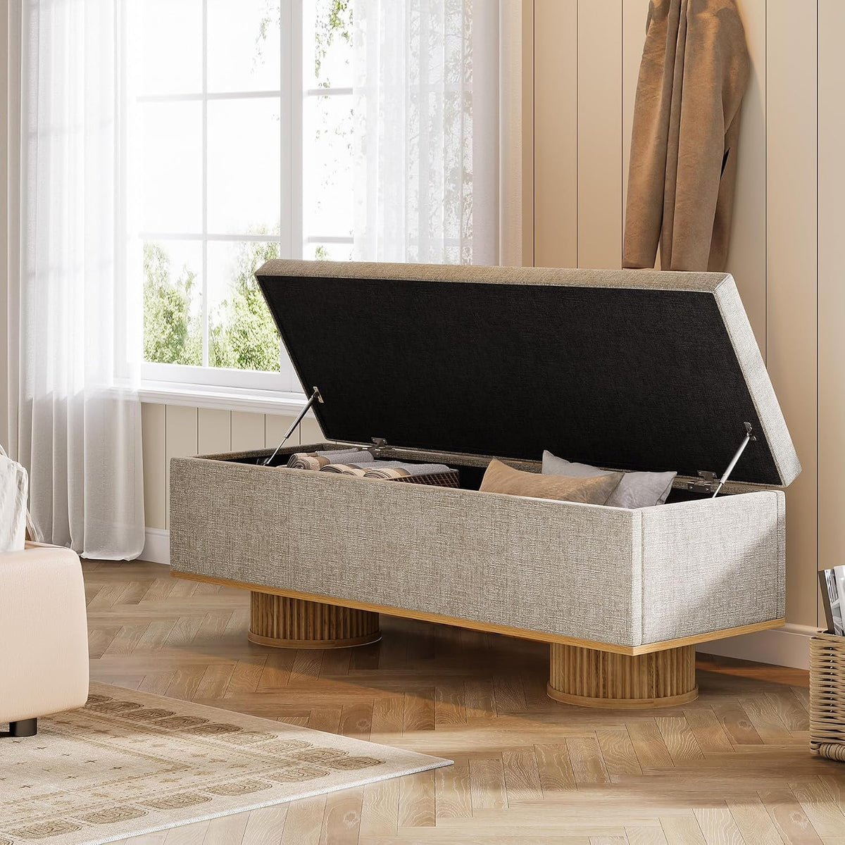Tribesigns 50.39" Storage Bench with Padded Seat Cushion, Upholstered Shoe Bench with Flip Up Storage for Bedroom, Living Room, Entryway, Load up to 330 lb, Beige + Wood Color