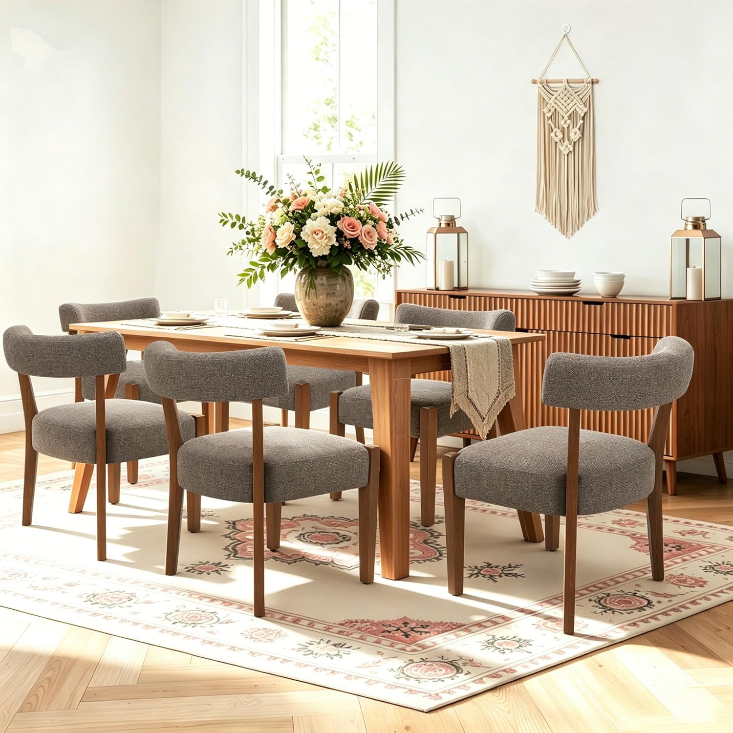 RNKSFX Upholstered Dining Chairs Set of 6, Walnut Wooden Kitchen & Dining Room Chairs, Mid Century Modern Fabric Farmhouse Dining Chairs Oversized Sturdy Rounded Chairs Curved Back, Tan Brown