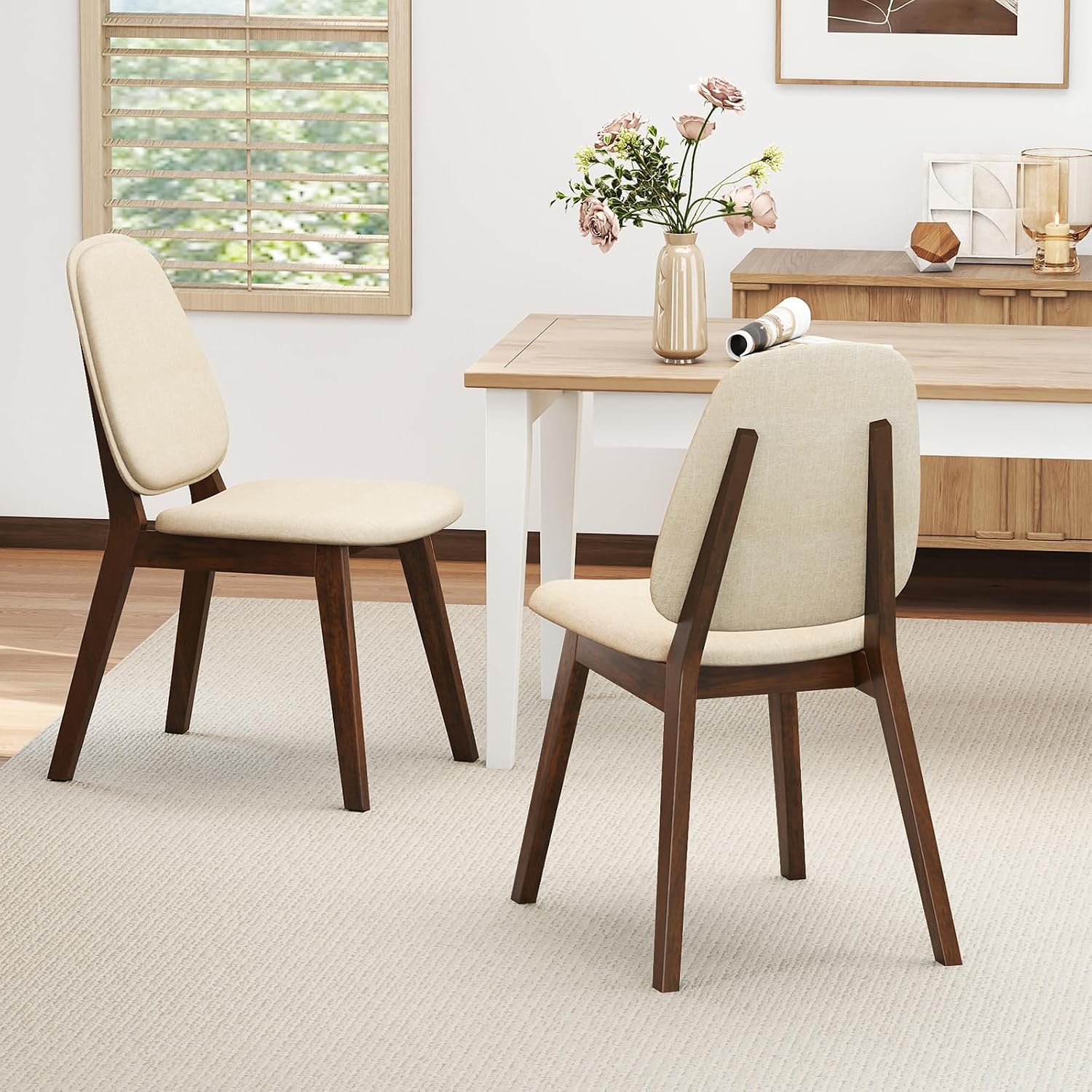 GOFLAME Upholstered Dining Chairs Set of 2, Mid-Century Modern Kitchen Chairs with Padded Seat, Ergonomic Curved Backrest, Rubber Wood Legs, Accent Side Chairs for Dining Room, Living Room, Study