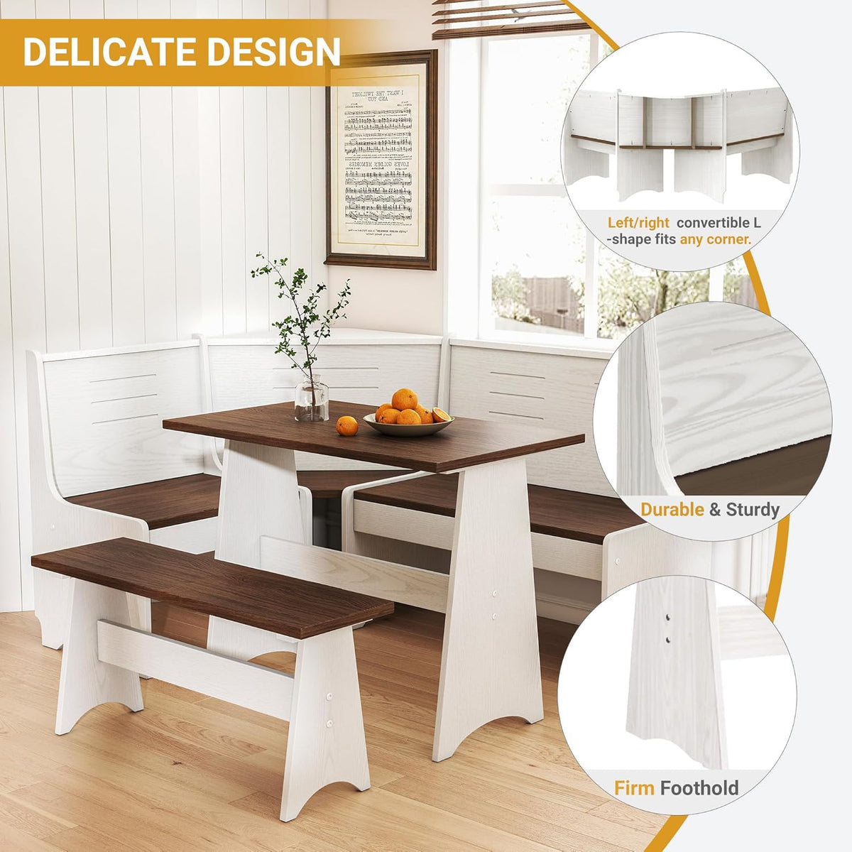 Breakfast Nook Set 3-4 Seat L-Shaped with Hidden Storage - Space Saving Corner Kitchen Dining Table & Bench Set - Farmhouse Family Home White Brown Wood