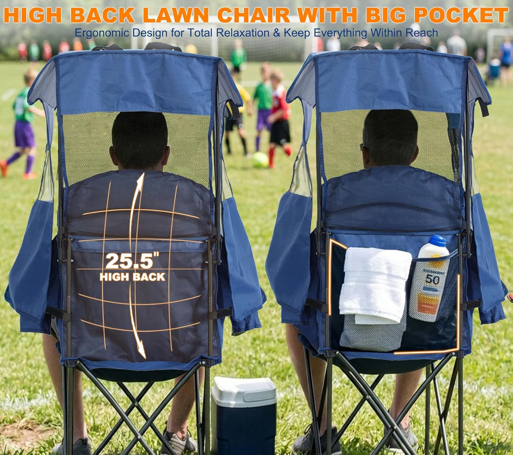 Bolosy Oversized Camping Chair with Canopy Beach Chair with Sun Shade | Folding Lawn Chair with Shade, Portable Canopy Chair for Camping, Beach, Picnics, Fishing, Sports, Support 400lbs, Blue