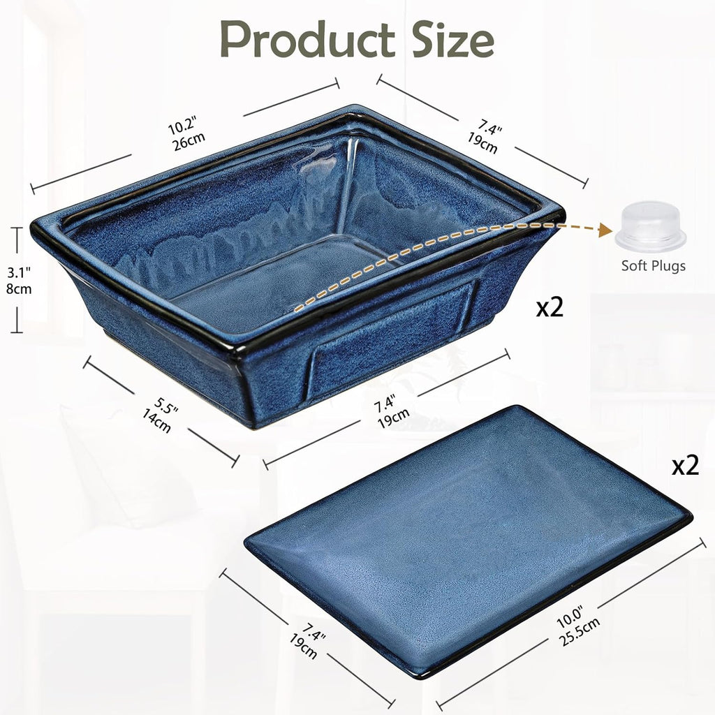 Large Ceramic Bonsai Pots with Drainage Trays Set of 2, 10" Blue Glazed Bonsai Planters for Indoor/Outdoor Use, Rectangular Shallow Bonzai Tree Pot for Succulent, Orchids, Cacti, Home, Patio, Garden